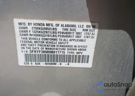 2009 Honda Pilot Touring from USA, damaged, VIN 5FNYF38989B017715